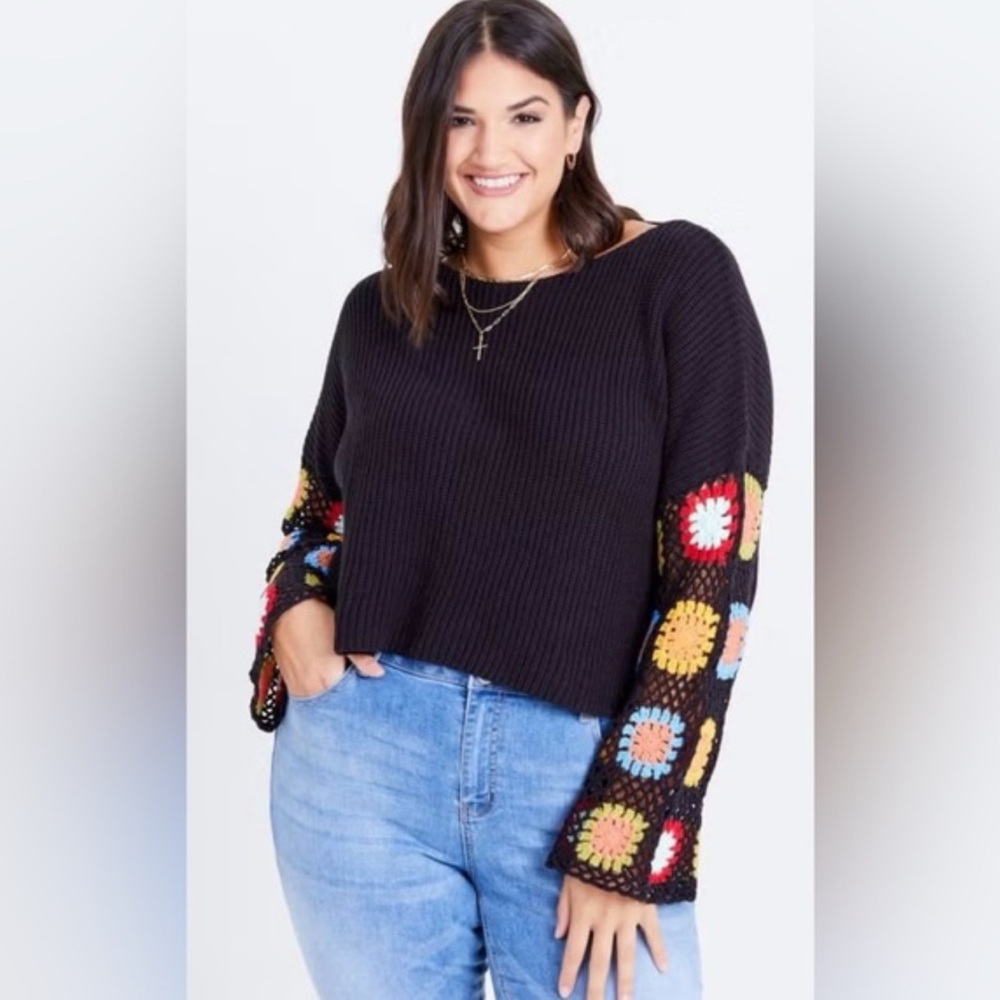 ARULA Black Sweater with Multicolor Crochet Sleeves